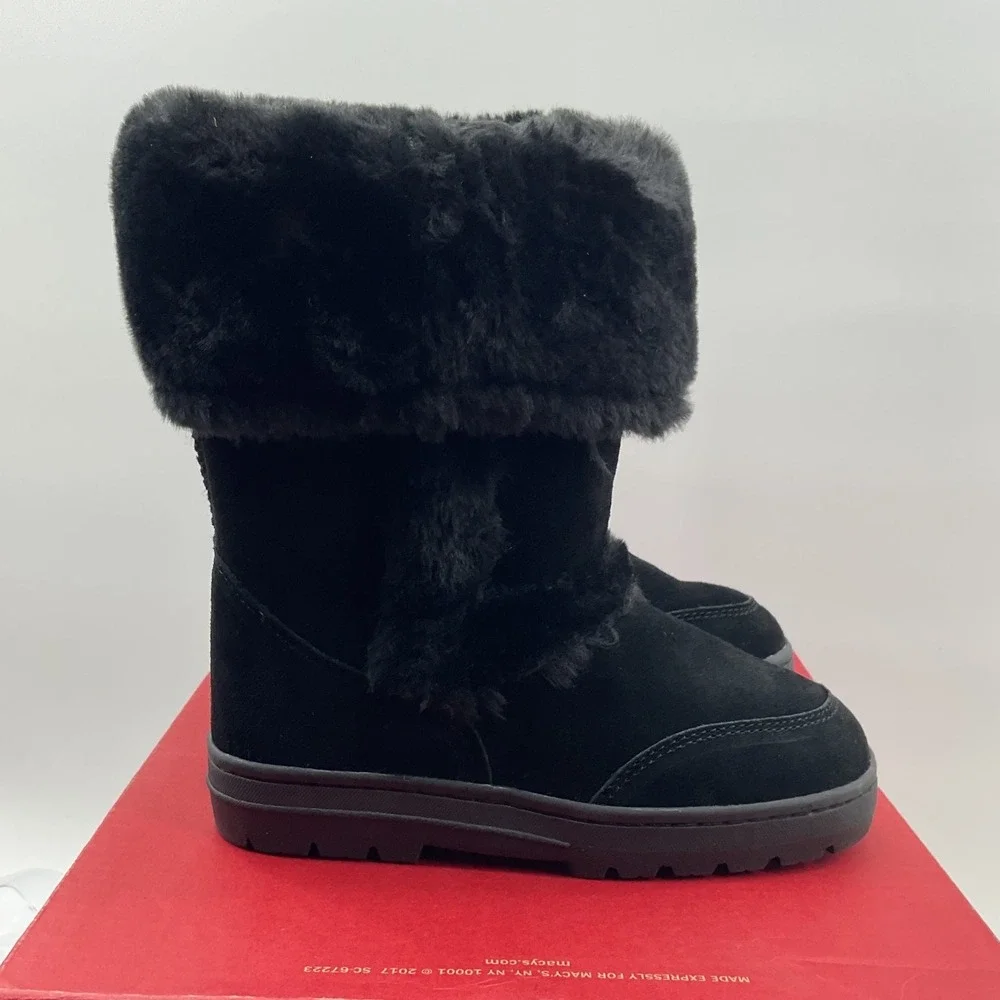 Style & Co Witty Black Suede Faux Fur Trim Mid-Calf Winter Boots Womens 6M